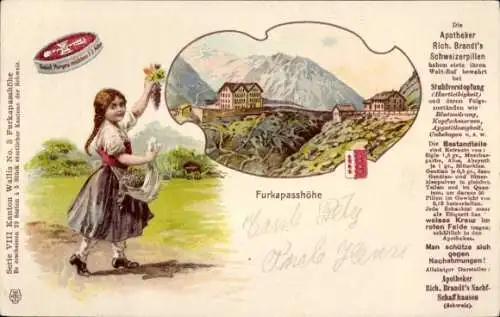 Litho Wallis Schweiz, Furkapasshöhe, Apotheker Rich. Brandt's Schweizerpillen, Reklame