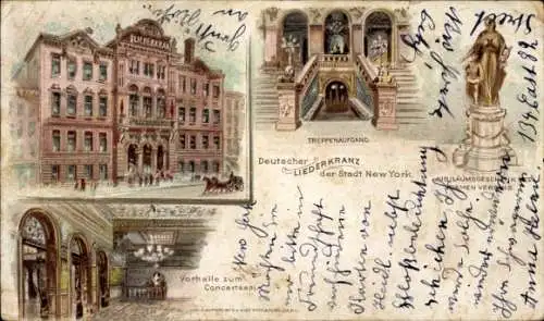 Litho New York City USA, Deutscher Liederkranz, Vorhalle zum Konzertsaal