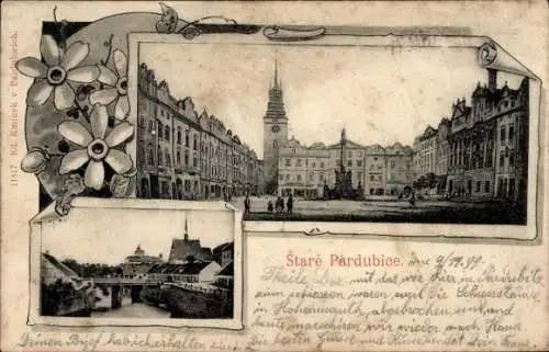 Passepartout Ak Pardubice Pardubitz Stadt, Marktplatz, Brücke