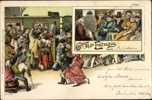 Litho Extrazug, Fahrgäste auf dem Bahnsteig, Zugabteil