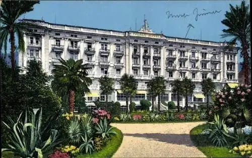 Ak Meran Merano Südtirol, Palace Hotel, Gartenanlage, bunte Blumen, italienischer Stil