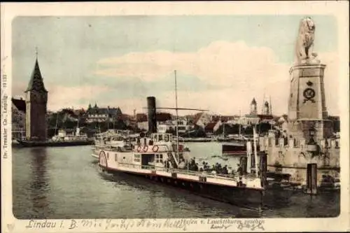 Ak Lindau am Bodensee Schwaben, Schiff, Leuchtturm, Stadtansicht, alte Architektur, Wasser