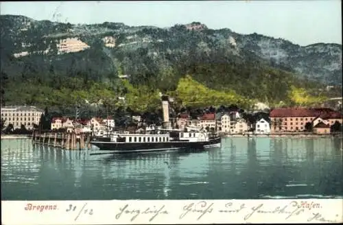 Ak Bregenz am Bodensee Vorarlberg, Hafenansicht, Wasserturm, Hafenboote, Bregenz im Winter