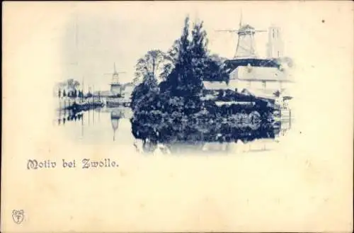 Ak Zwolle Overijssel Niederlande, Motiv bei  Landschaft mit Windmühlen, ruhiges Wasser