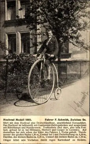 Ak Hochrad Modell 1885, Fahrer F. Schmidt, Zwickau, Deutschlandtour, Europafahrt
