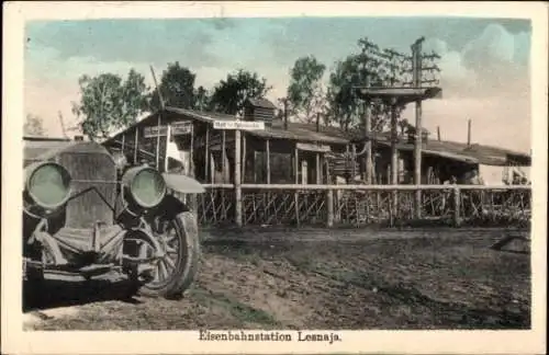 Ak Eisenbahnstation Lesnaja, deutsche Feldbahn Baranowitschi–Kriwoschin–Lesnaja, 1. WK