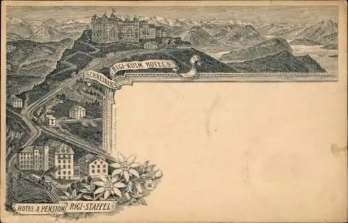 Litho Rigi Kulm Kanton Schwyz, Schreibers Rigi Kulm Hotels, Hotel und Pension Rigi Staffel