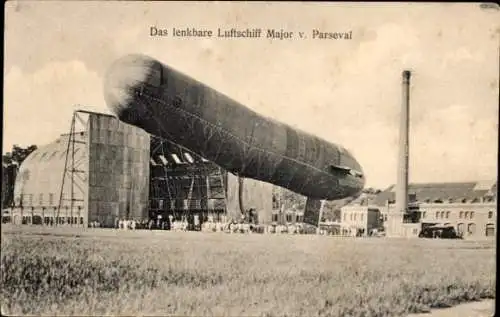 Ak Lenkbares Luftschiff Major von Parseval, Luftschiffhalle