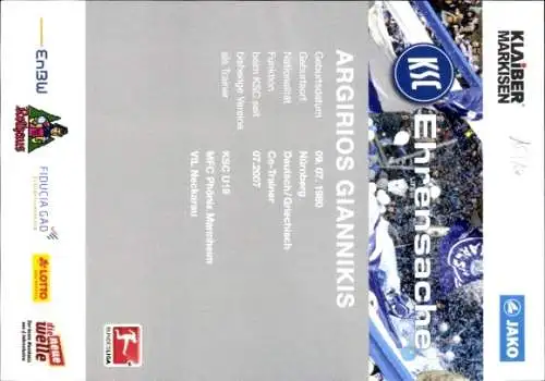 Autogrammkarte Co Trainer Argirios Giannikis, Karlsruher SC, Autogramm