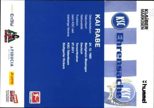 Autogrammkarte Torwarttrainer Kai Rabe, Karlsruher SC, Autogramm