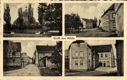 Ak Milda in Thüringen, Kirche, Straßenpartien, Gasthof Milda