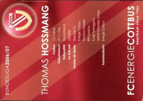 Autogrammkarte Co Trainer Thomas Hossmang, FC Energie Cottbus, Autogramm