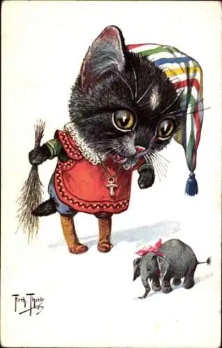 Künstler Ak Thiele, Arthur,  vermenschlichte Katze mit Reisigrute, Elefant