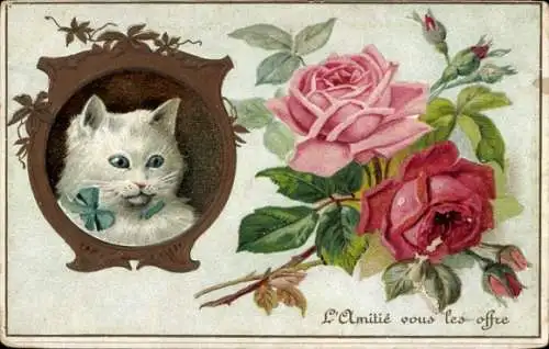 Präge Ak Freundschaft, Katze, Rosen