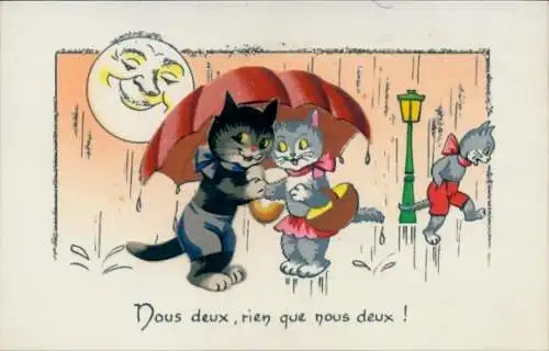 Glitzer Ak Katzen unter Regenschirm, Regnerisches Wetter