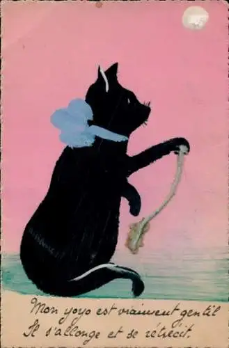 Material Ak Schwarze Katze mit blauer Schleife, Faden