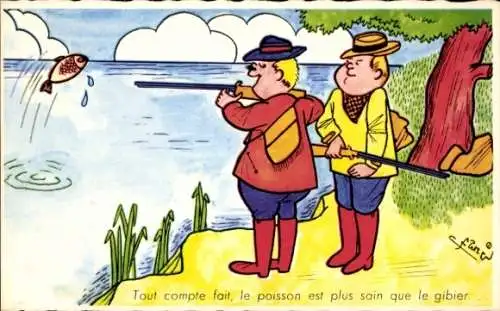 Künstler Ak Zwei Jäger am Teich, Mann zielt auf einen Fisch