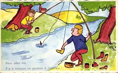Künstler Ak Vous allez rire, Il y a toujours un poisson à l'intérieur, Angler, Humor