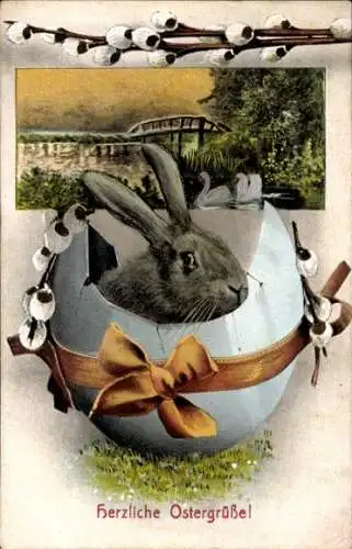 Ak Frohe Ostern, Osterhase in Eierschale, Weidenkätzchen