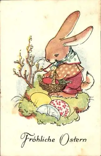 Künstler Ak Fröhliche Ostern, Hase mit Eierkorb