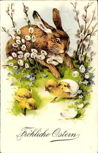 Ak Frohe Ostern, Osterhase mit Küken, Blumen und Weidenkätzchen