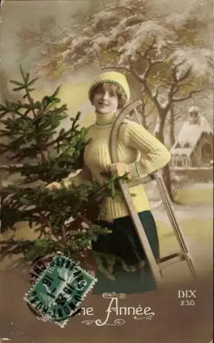 Ak Glückwunsch Neujahr, Schlitten, Tannenbaum, Frau