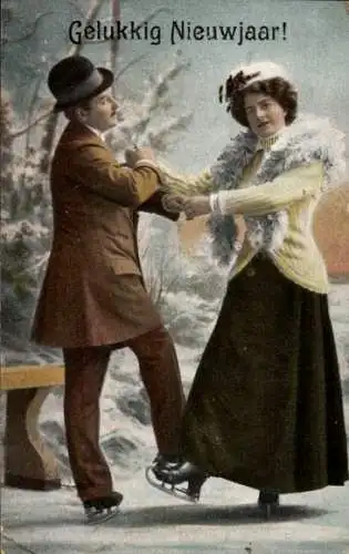 Litho Glückliches Neujahr, Liebespaar beim Eislaufen auf dem See