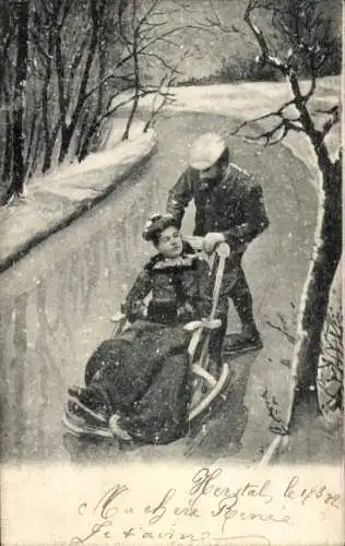 Litho Liebespaar beim Eislaufen auf dem See, Schlitten