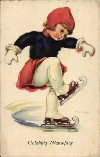 Ak Frohes Neujahr, kleines Mädchen auf Schlittschuhen