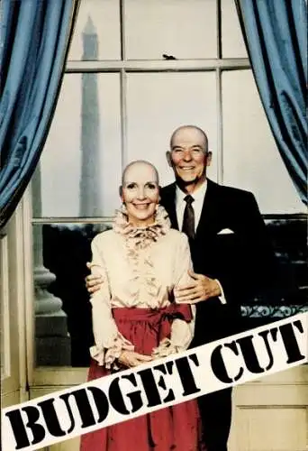 Ak Nancy Reagan, Ronald Reagan mit Glatze, Budget cut