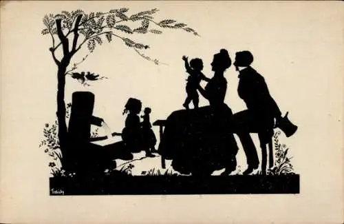 Silhouette Ak Familie mit Kindern, Wasserbrunnen
