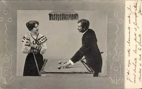 Ak Mann und Frau spielen Billard