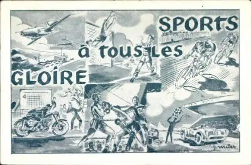 Künstler Ak Sportarten, Fußball, Boxen, Motorrennsport