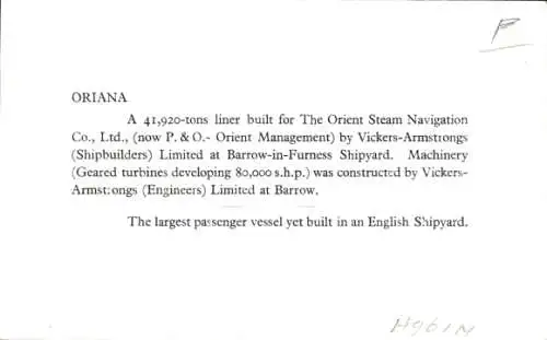 Ak SS Oriana, Orient Line