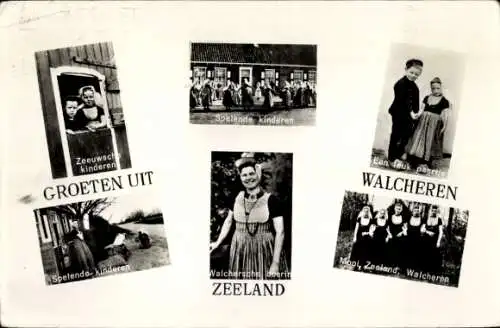 Ak Walcheren Zeeland, Volkstrachten, Spelende kinderen, Walchersche boerin