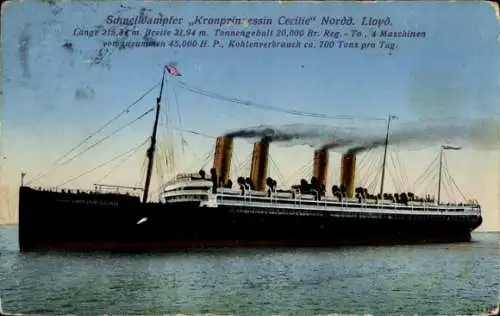 Ak Schnelldampfer Kronprinzessin Cecilie, Norddeutscher Lloyd Bremen