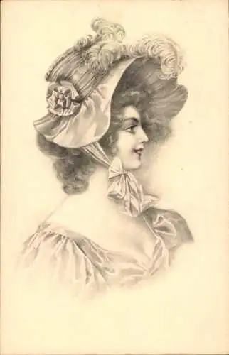 Litho junge Frau mit einem Hut mit Federn