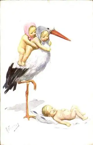 Künstler Ak Weißstorch, Kinder