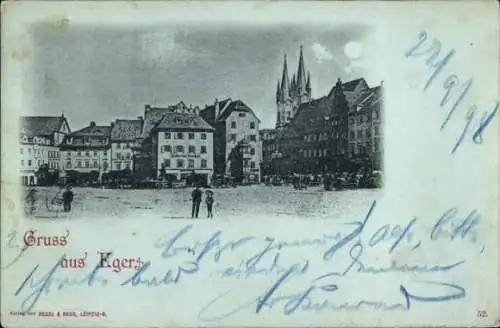 Mondschein Ak Cheb Eger Reg. Karlsbad, Partie am Marktplatz, Kirche 