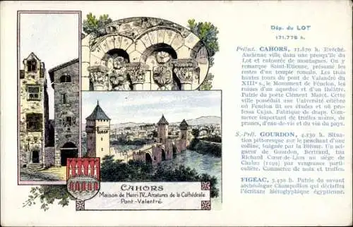 Künstler Ak Cahors Lot, Maison Henri IV, Amatures de la Cathédrale, Pont Valentré, Pastilles Valda