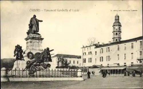 Ak Cahors Lot, Monument Gambetta, Lycée, Statue, Architektur