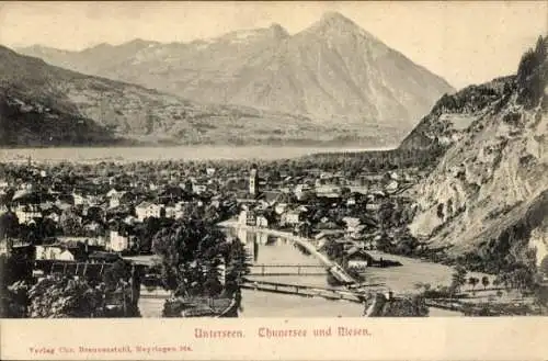 Ak Unterseen Kanton Bern,  Thunersee, Berge, Stadtansicht, Verlag Chr. Brennenstuhl