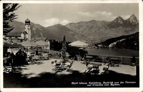 Ak Seelisberg Kanton Uri, Hotel Löwen, Ausblick von der Terrasse, Urnersee, Mythen