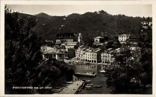 Ak Portofino Liguria, Hafenansicht, Häuschen, Boote, Olivenbäume, Berglandschaft