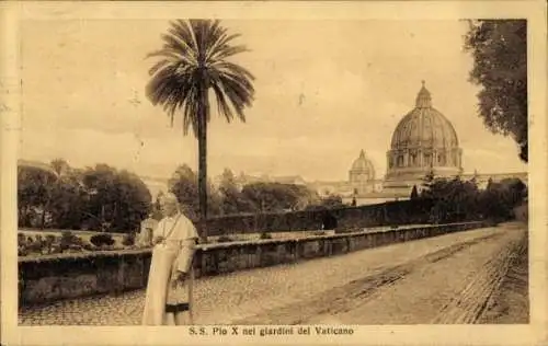 Ak Vatikan Rom Lazio, Papst Pius X, Vatikanische Gärten, große Kuppel, Palmen