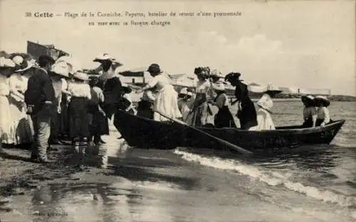 Ak Cette Hérault, Corniche Strand, Frauen besteigen ein Boot