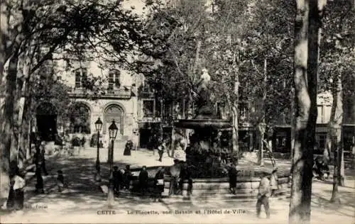Ak Cette Hérault, Brunnen, Platz, Hôtel-de-Ville, Bäume, Lampen, Menschen