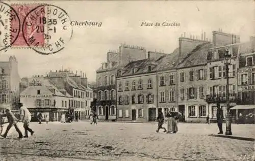 Ak Cherbourg en Cotentin Manche,  Place du Cauchin,  Gebäude, Café & Lagare