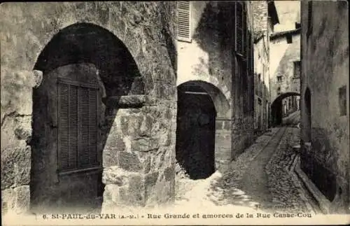 Ak Saint Paul du Var Alpes Maritimes, Rue Grande et amorces de la Rue Casse-Cou
