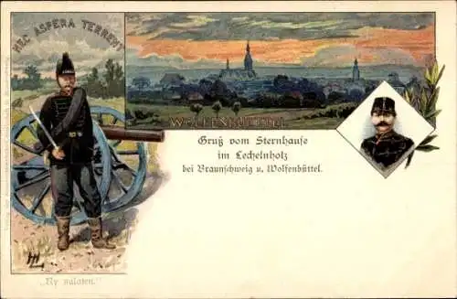 Litho Lechelnholz Wolfenbüttel, Artillerie, Sternhaus, Nec Aspera Terrent, Soldat mit Geschütz